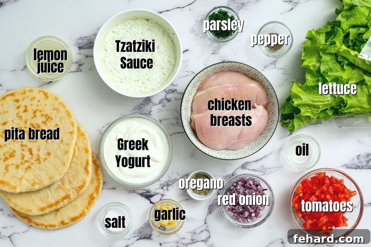 Ingredients for chicken gyros labeled on counter.