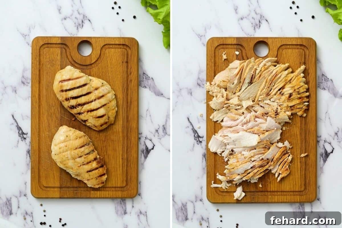 Side by side photo showing chicken on cutting board before and after being sliced. 