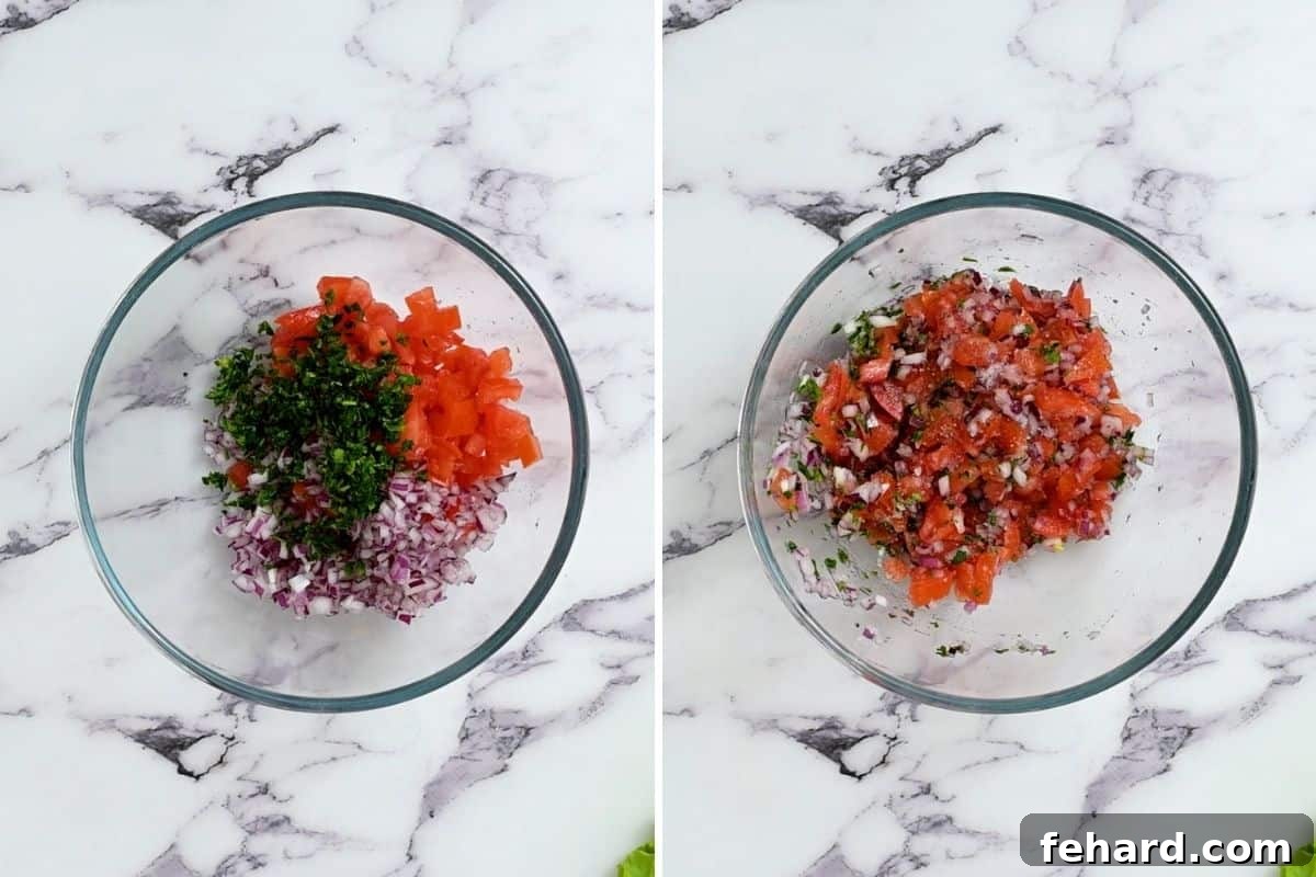 Side by side photo of tomato and onion mixture before and after mixing together. 