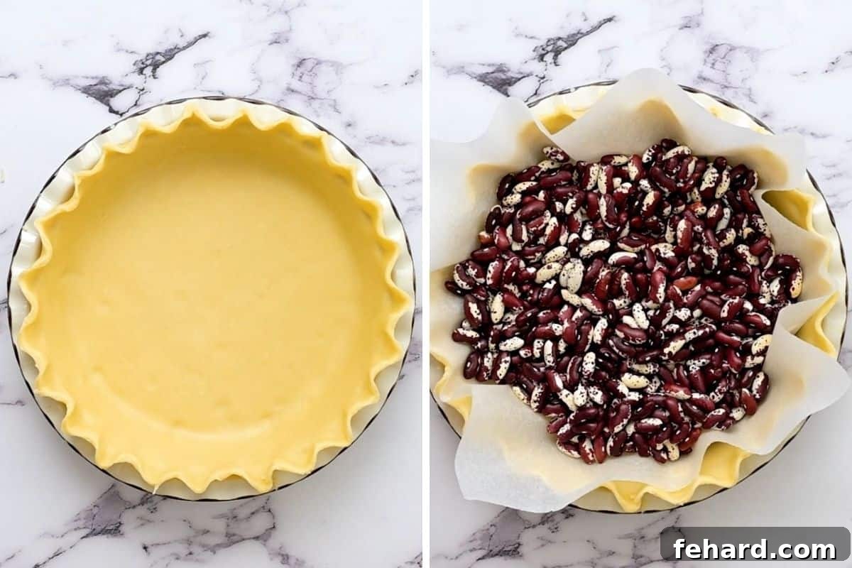 Pie crust formed in pie plate with parchment paper and dried beans for prebaking, and another plain pie crust ready.