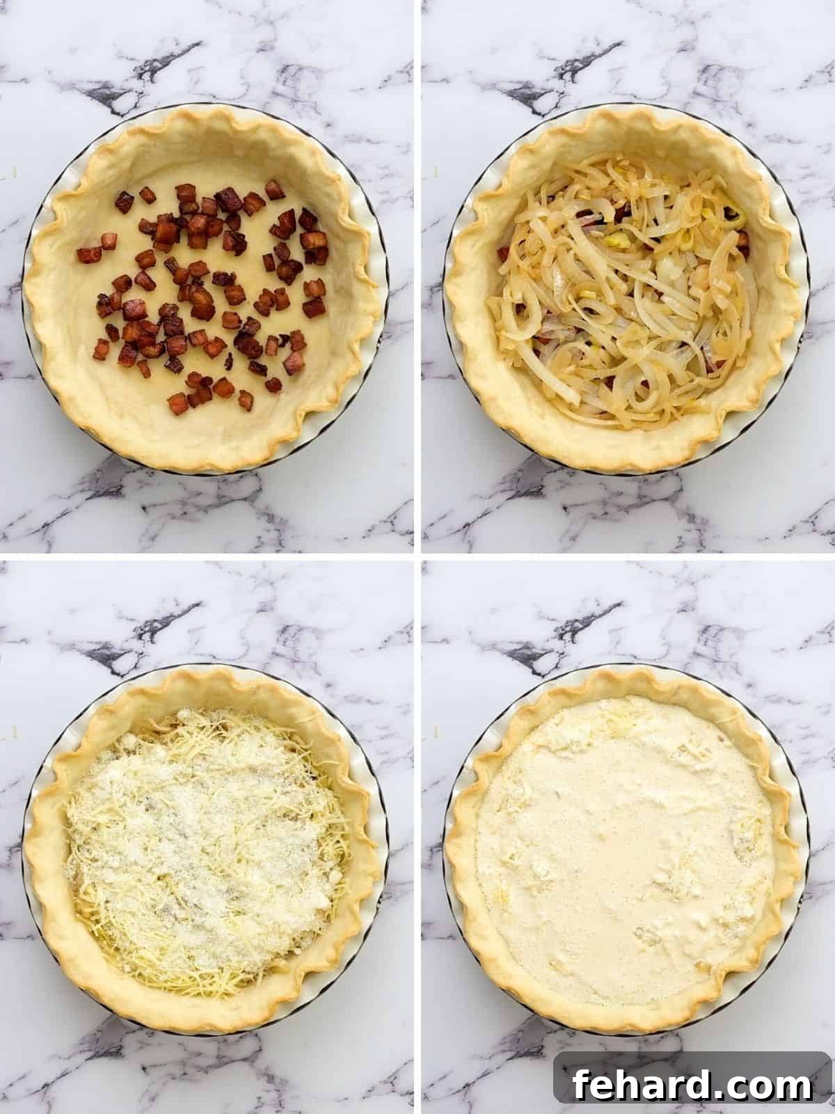 Collage of 4 pictures showing the assembly process of Quiche Lorraine: layering bacon, onions, and cheese into the pie crust, then pouring in the egg custard.