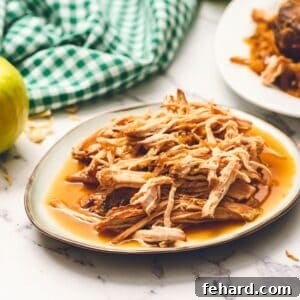 Shredded pork loin that has been cooked in apple juice with onions and apples on platter.