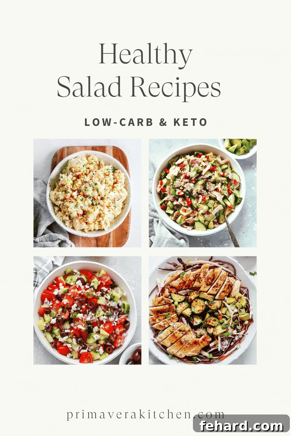 Collage of 4 salad pictures showcasing diverse ingredients and vibrant colors.