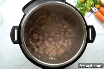 Seared stew meat in inner pot of instant pot along with sauteed onion.