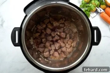 Seared stew meat in inner pot with red wine added.