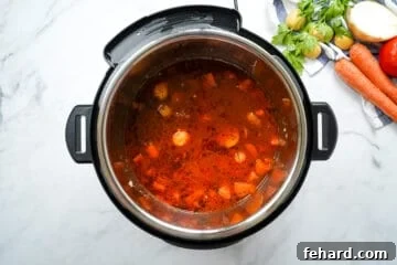 Instant Pot with beef stew prepared in it.