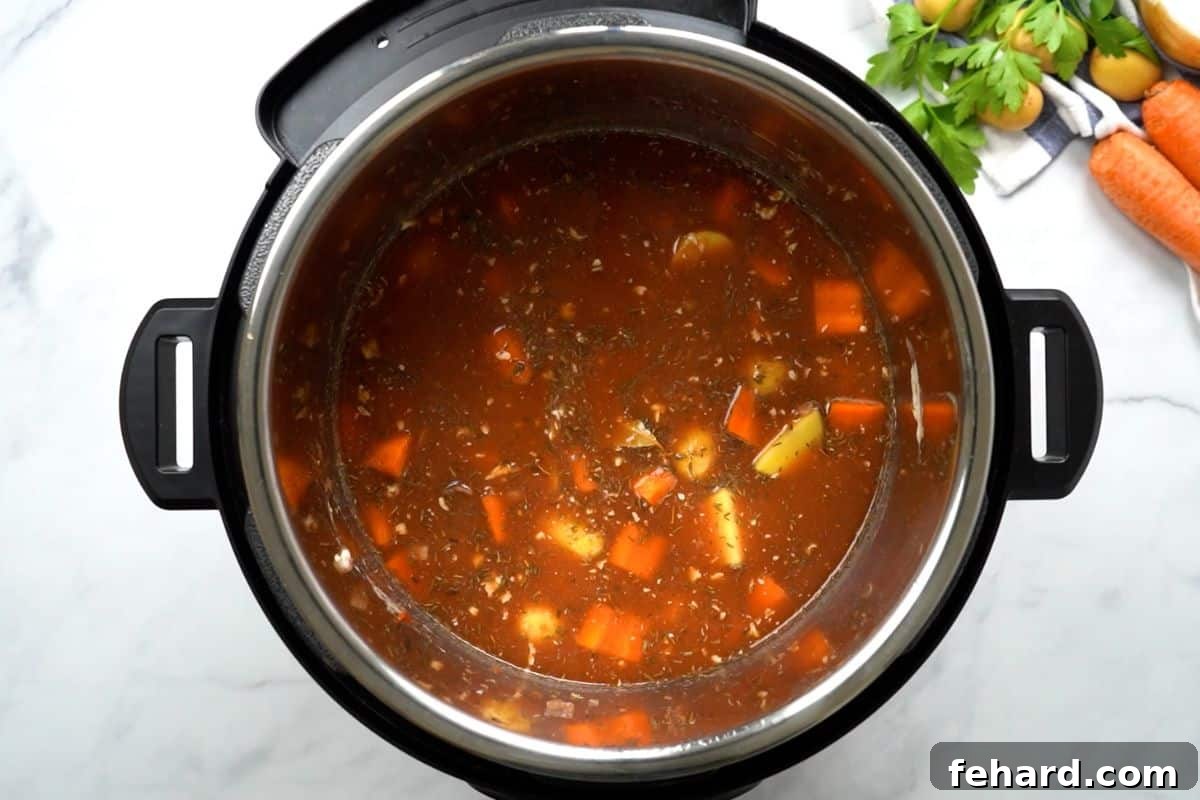 Various ingredients for Instant Pot beef stew, including broth, potatoes, carrots, and seasonings, layered inside the inner pot, topped with crushed tomatoes.