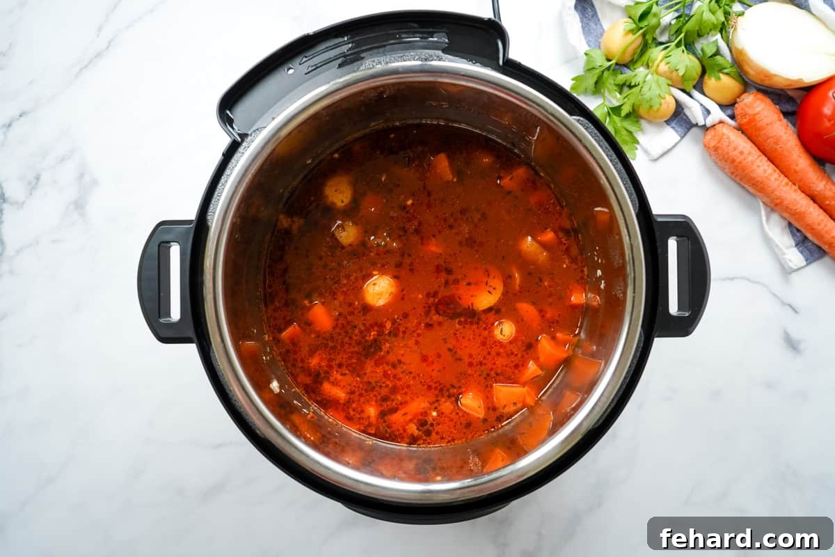 The Instant Pot displaying a natural pressure release countdown after cooking beef stew, with steam slowly escaping.