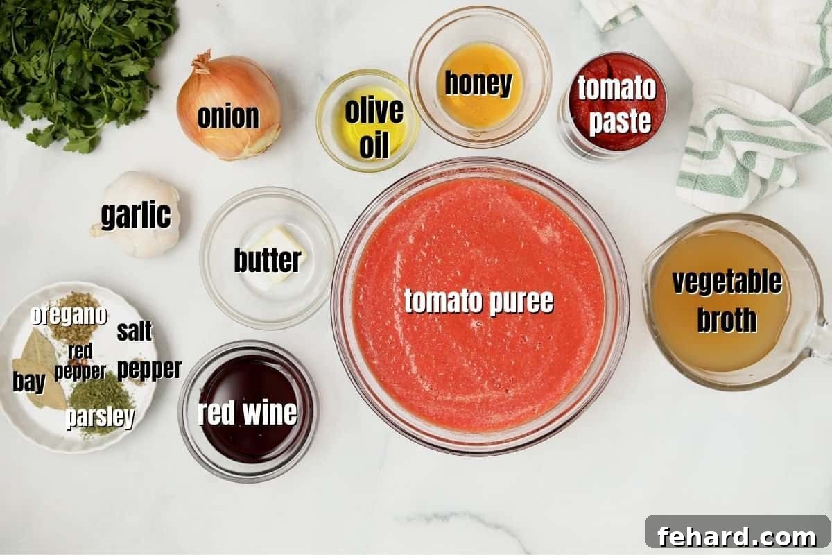 Spaghetti Sauce Instant Pot Ingredients for Instant Pot Spaghetti Sauce laid out on a kitchen counter: fresh tomatoes, onion, garlic, tomato paste, olive oil, spices, and a bottle of red wine.
