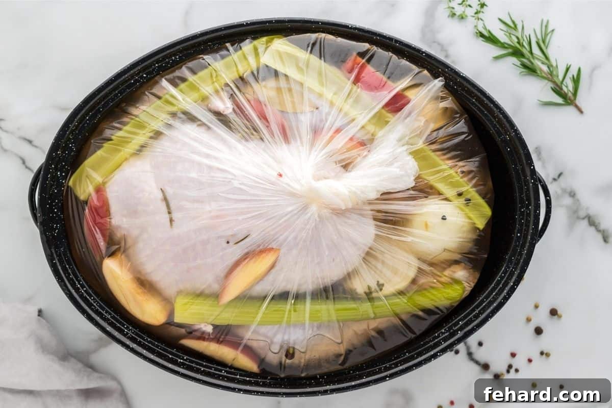 Easy Turkey Brine Raw turkey in brine bag along with herbs and onions and brine bag tied tight.
