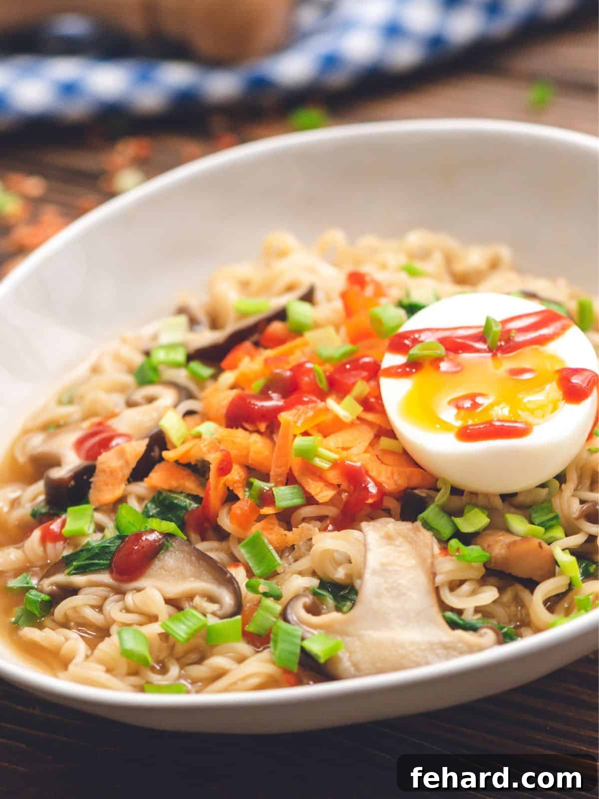 Homemade Ramen A vibrant bowl of homemade ramen, garnished with a perfectly soft-boiled egg, fresh green onions, and a swirl of sriracha, showcasing its delicious and healthy appeal.