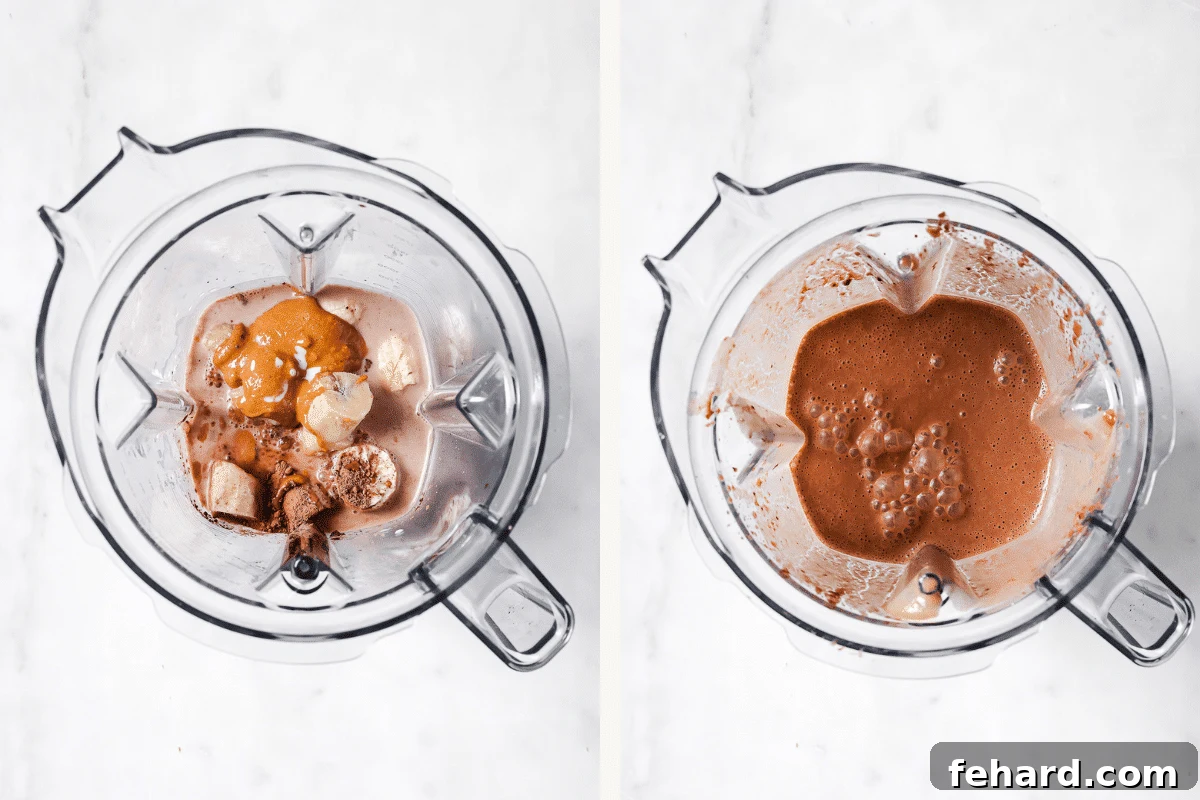 Left: Unblended ingredients including frozen bananas, peanut butter, and cocoa powder in a blender. Right: The finished, perfectly blended chocolate peanut butter smoothie.