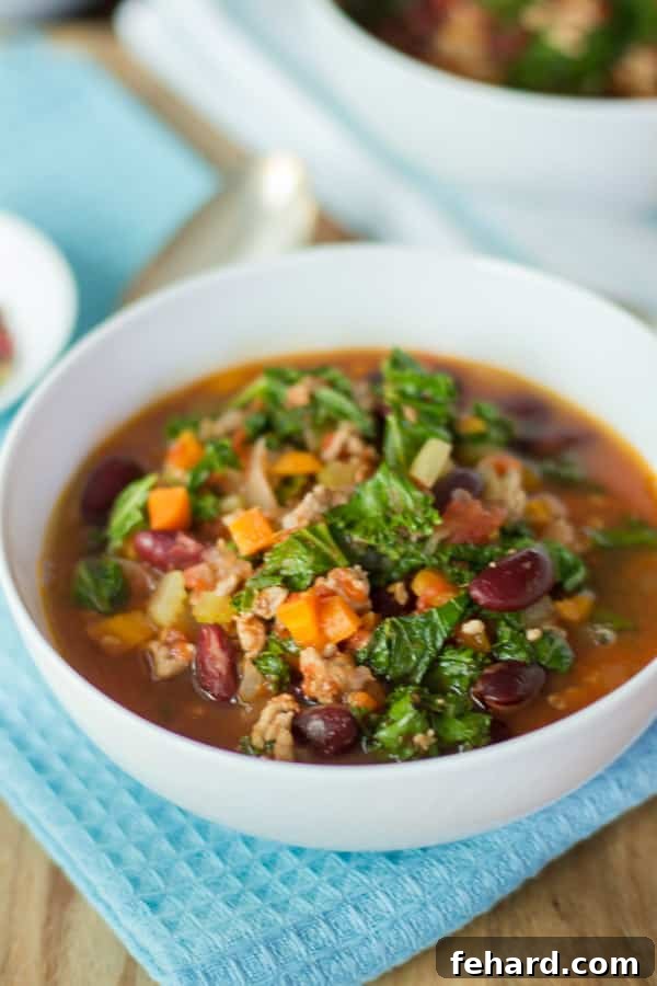 Close up image of a bowl of extra-lean turkey chili with kale.