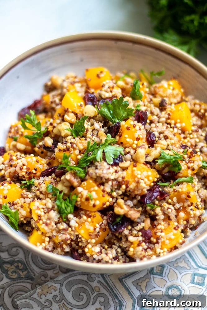 Close up of Butternut Squash Quinoa Salad in bowl. 
