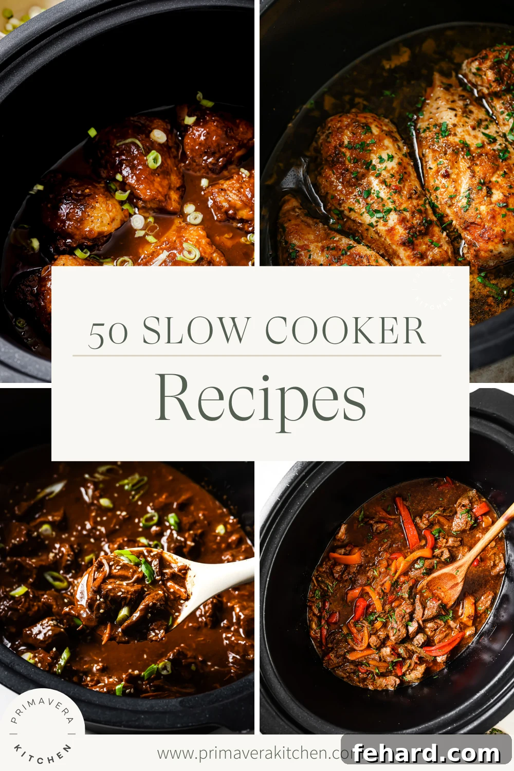 Titled Photo Collage (and shown): 50 Slow Cooker Recipes. A vibrant collage showcasing a variety of delicious slow cooker dishes, from hearty stews to tender meats and comforting soups, inviting viewers to explore the recipes within.