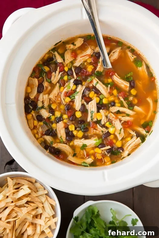 slow cooker chicken tortilla soup in a bowl, topped with avocado, cheese, and tortilla strips.