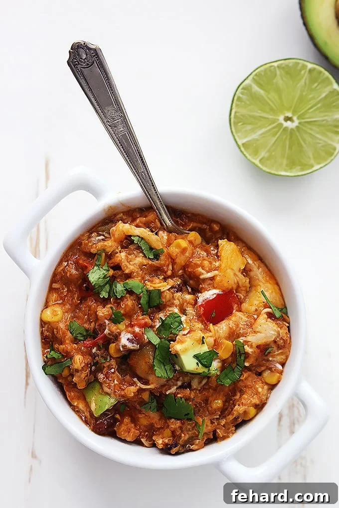 slow cooker enchilada quinoa served in a bowl, garnished with fresh cilantro and a dollop of sour cream.