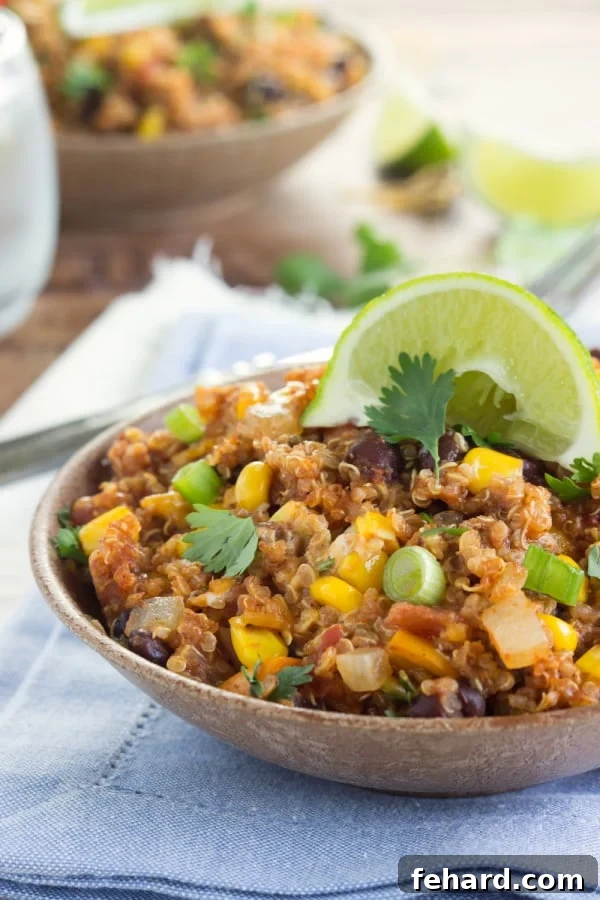 close up of a bowl containing cheesy enchilada quinoa bake, topped with fresh green onions.