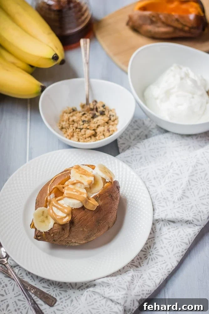 Healthy Stuffed Breakfast Sweet Potato Recipe A vibrant baked sweet potato, generously topped with creamy Greek yogurt, slices of fresh banana, a rich drizzle of peanut butter, and a sprinkle of homemade granola. A perfect example of a healthy and delicious breakfast sweet potato.