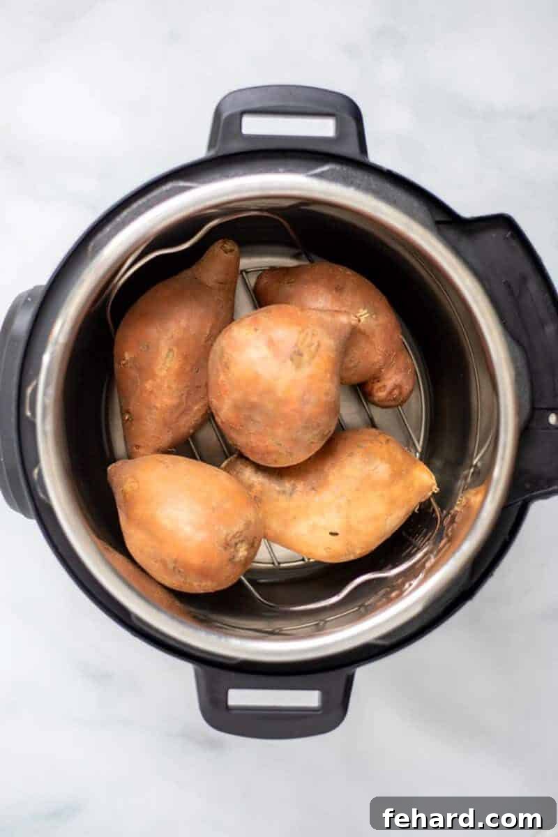 Instant Pot Sweet Potato Prep Raw sweet potatoes arranged on a trivet inside an Instant Pot, before the pressure cooking process begins. Demonstrates how to cook sweet potatoes quickly and efficiently.