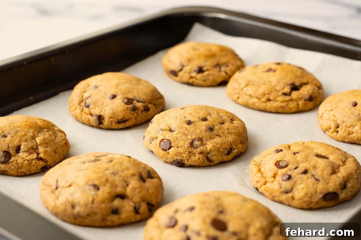 Baked 250 Cookie Recipe Freshly baked Neiman Marcus cookies on a parchment-lined cookie sheet, showing their golden edges and soft centers.