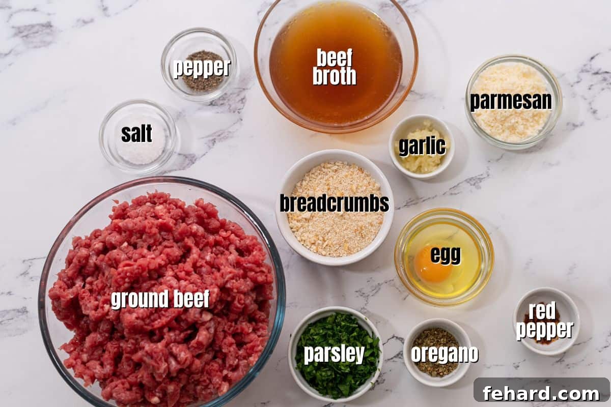 Recipe Instant Pot Meatballs Ingredients for Instant Pot Meatballs labeled on my counter.