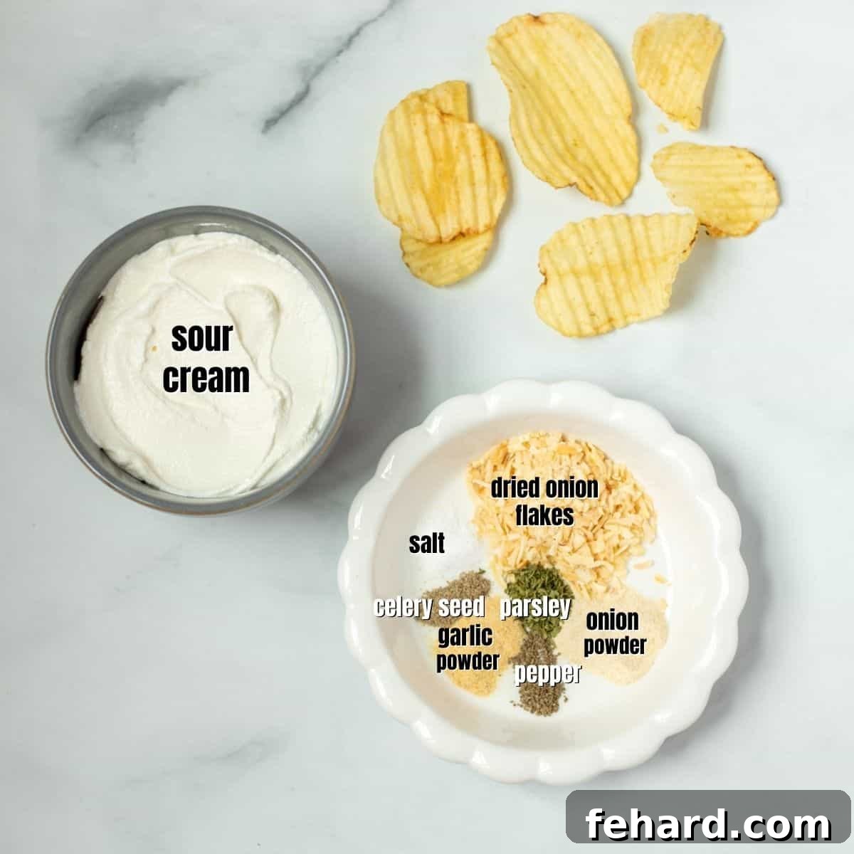 Simple Ingredients for Homemade Chip Dip A selection of ingredients for homemade French onion dip laid out on a kitchen counter, including a tub of sour cream and various spice jars.