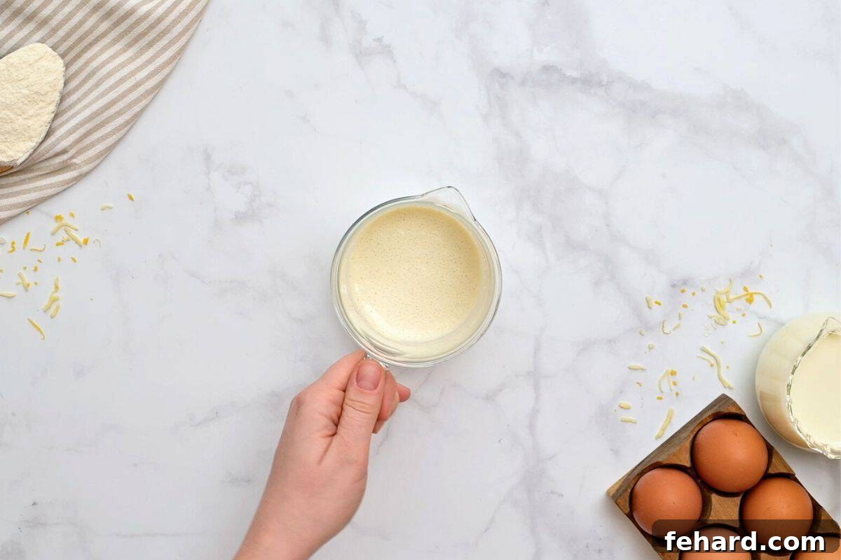 A small glass measuring cup holds a creamy, smooth mixture of milk, flour, and baking powder, perfectly whisked together to eliminate any lumps.
