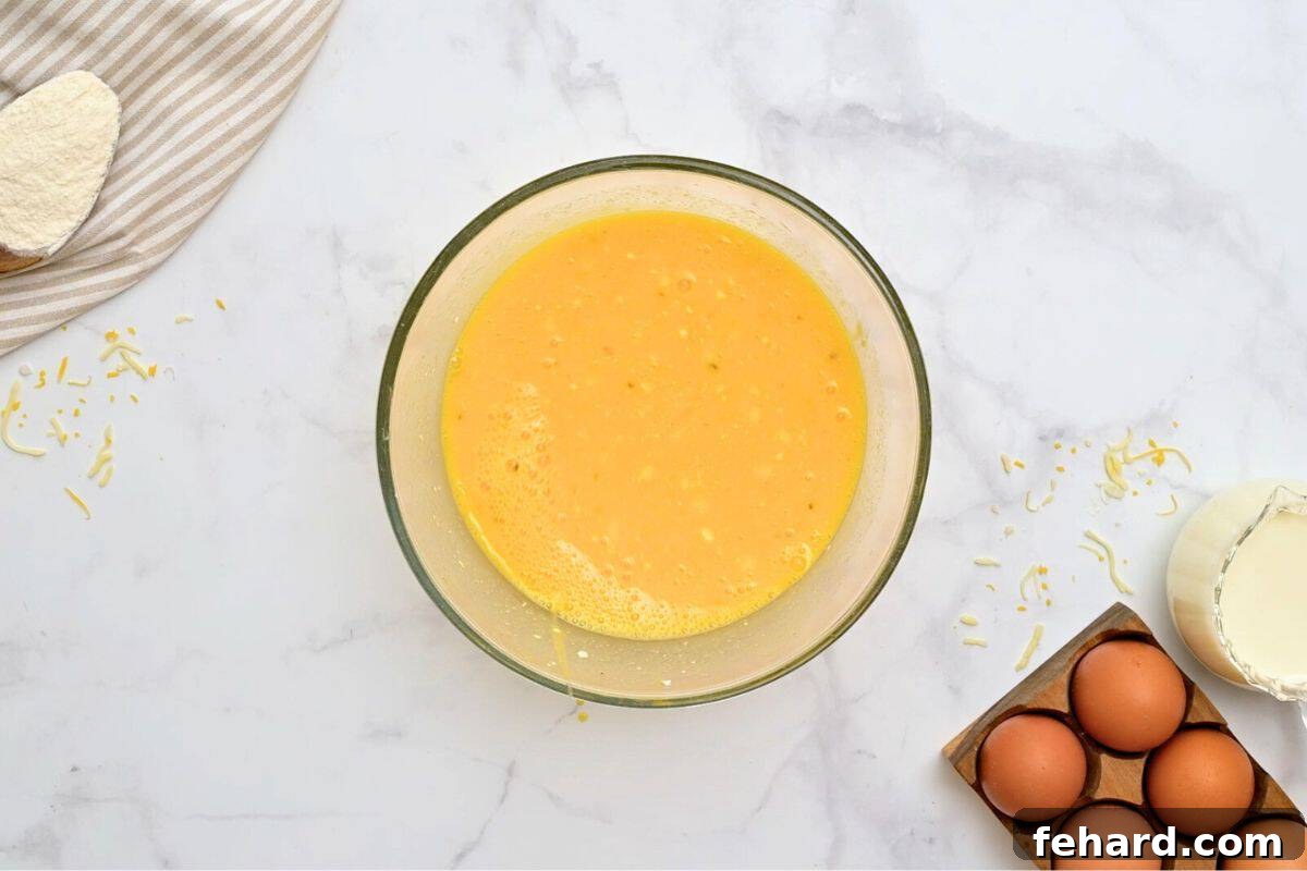 A vibrant medley of whisked eggs, creamy cottage cheese, sharp cheddar, and aromatic green chiles being mixed thoroughly in a large bowl, ready for baking.