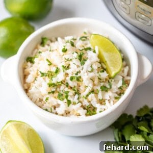 Bowl of cilantro lime rice next to fresh limes and the Instant Pot.
