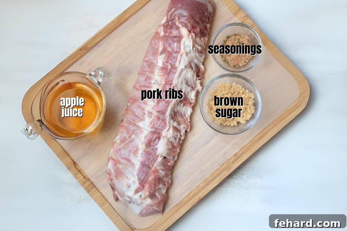 Ingredients for Instant Pot Ribs labeled on cutting board.