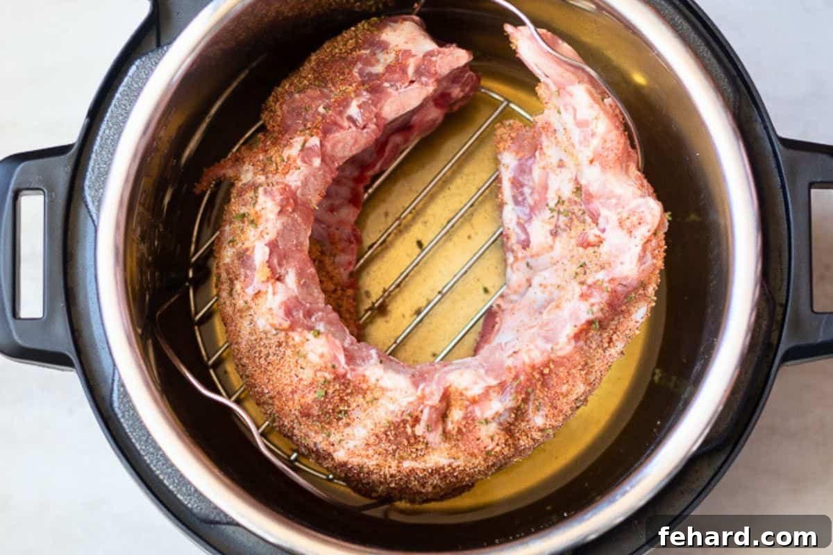 Baby back ribs coated with seasoning rub on trivet over apple juice and liquid smoke inside Instant Pot.