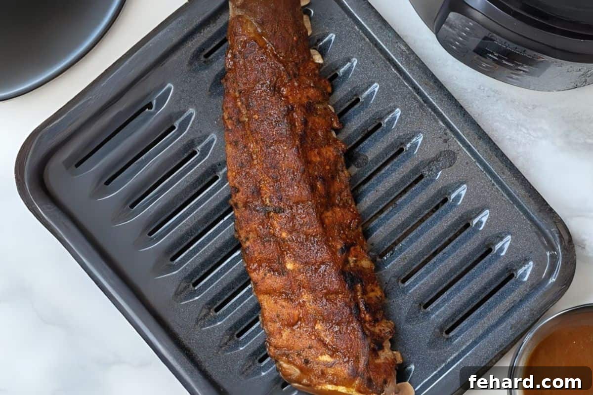 Pressure cooked ribs on broiler pan after being pressure cooked.