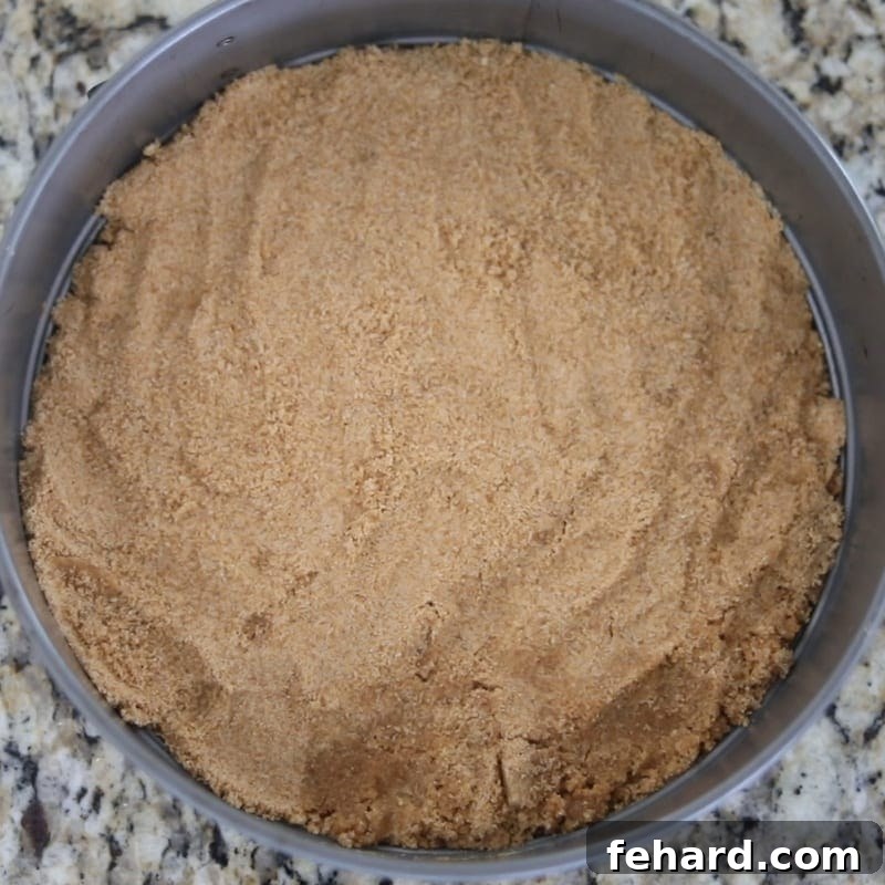 Cheesecake with Sour Cream Topping Crust Graham Cracker crust pressed firmly into the bottom of a springform pan, ready for baking.