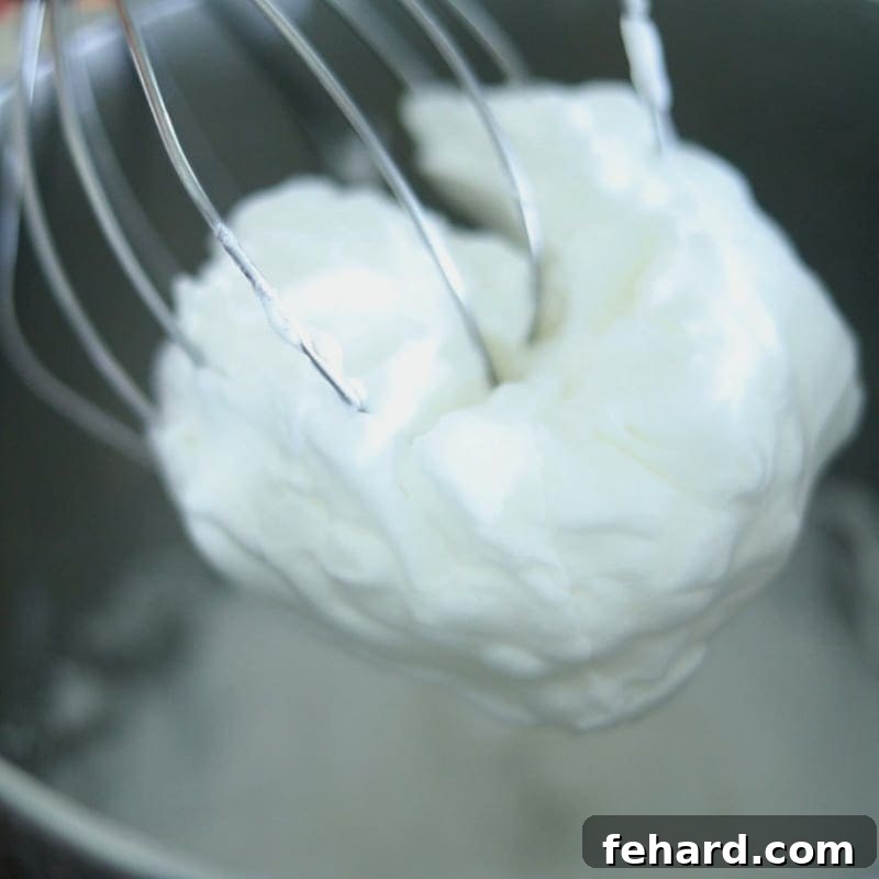 Best Cheesecake Recipe Egg Whites A whisk displaying stiff egg whites, showing the perfect consistency for folding into cheesecake batter.