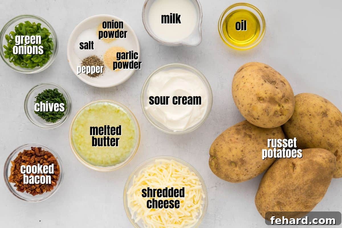 Labeled ingredients for twice-baked potatoes laid out on a kitchen counter.
