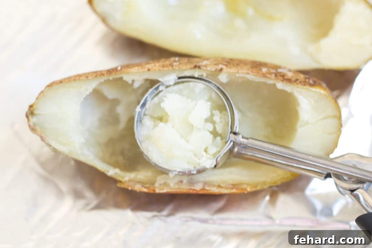 A small cookie scoop carefully removing potato flesh from a baked potato half to create a potato skin shell.
