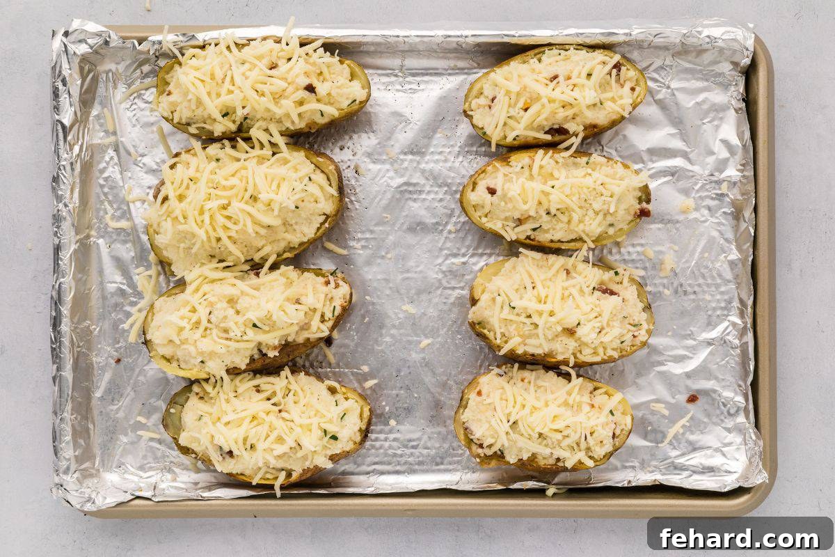 Eight halves of baked potatoes, generously stuffed with creamy potato filling and topped with shredded white cheddar cheese on a sheet pan, ready for baking.