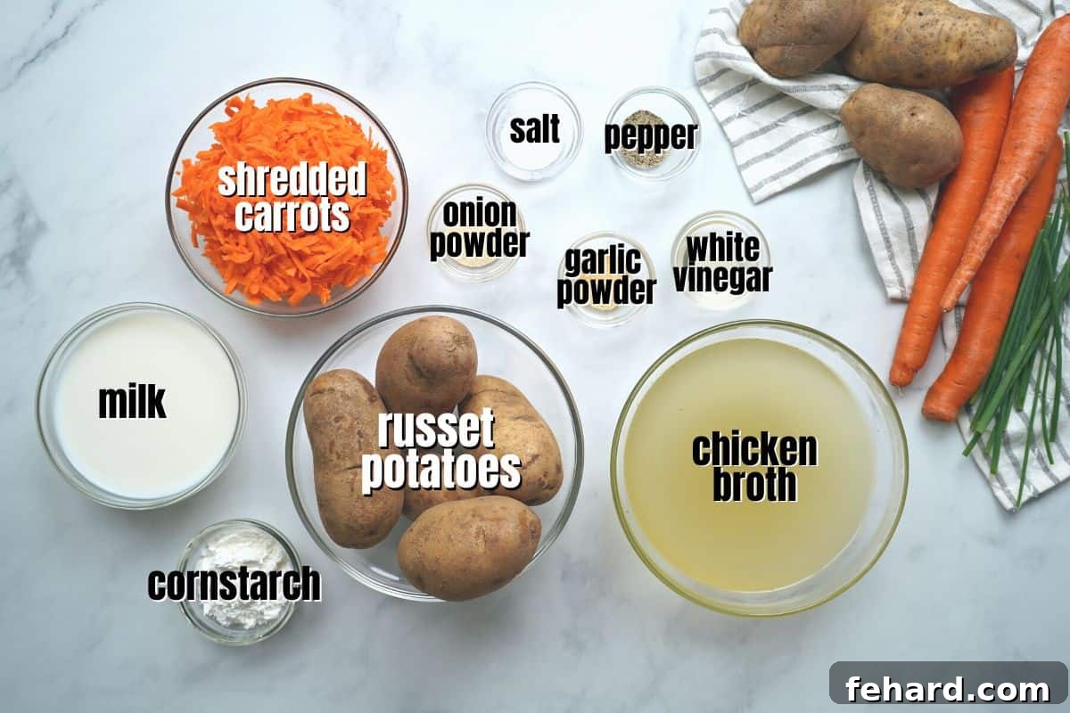 Instant Pot Baked Potato Soup Recipe Ingredients for instant pot potato soup labeled on counter.