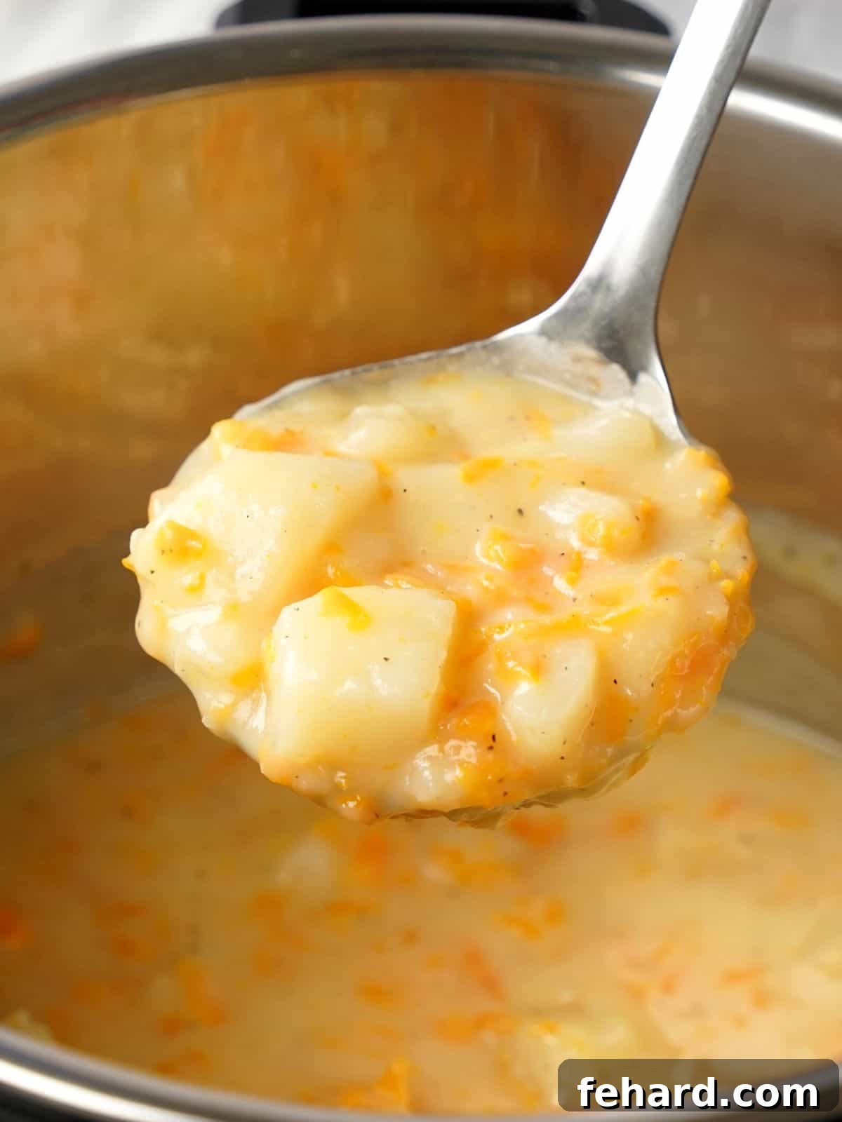 Recipe Instant Pot Baked Potato Soup Ladle of Instant Pot Potato Soup coming out of instant pot.
