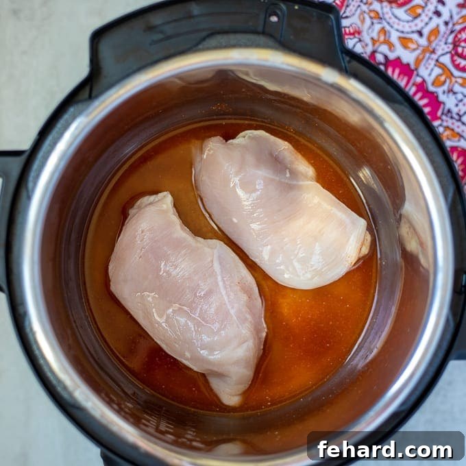 Instant Pot inner pot with chicken broth and taco seasoning, ready for chicken to be added.