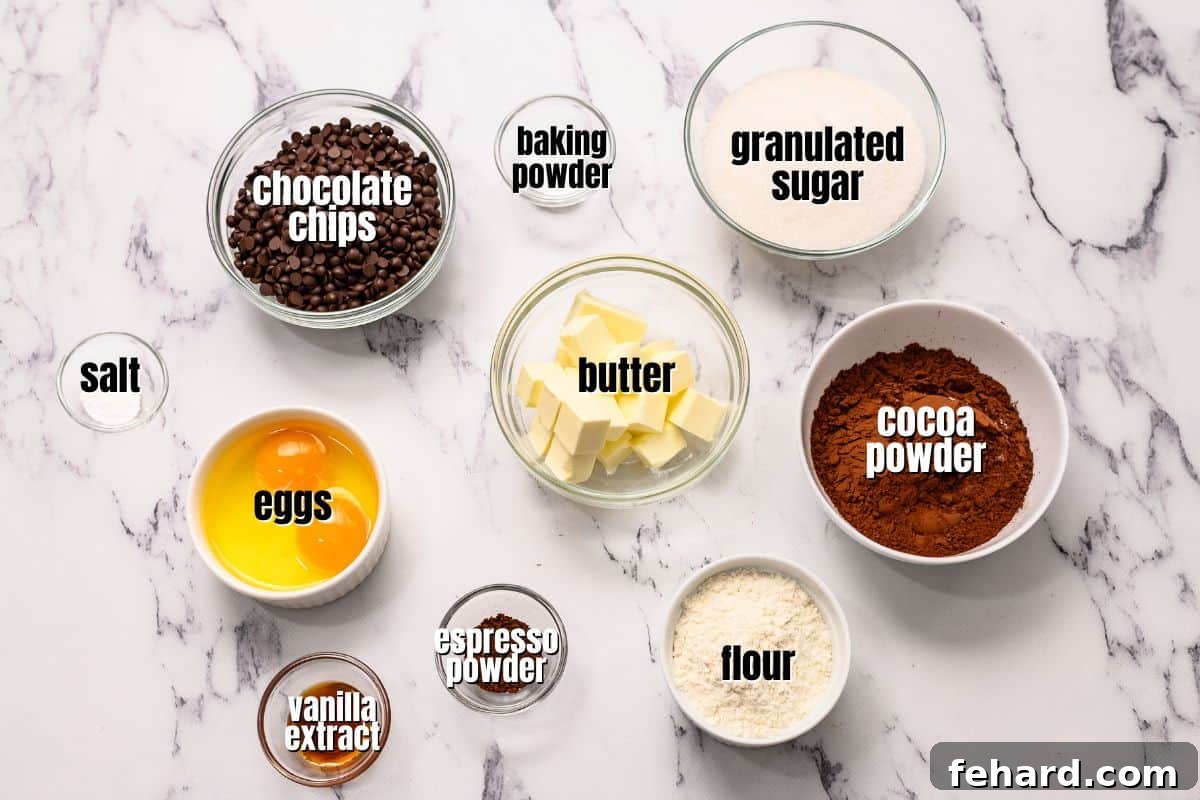 Decadent Homemade Fudgy Brownies 3 Ingredients for brownies labeled on counter.