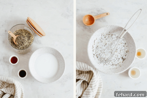 Step-by-step image of combining chia seeds, coconut milk, maple syrup, vanilla extract, and salt in a bowl.