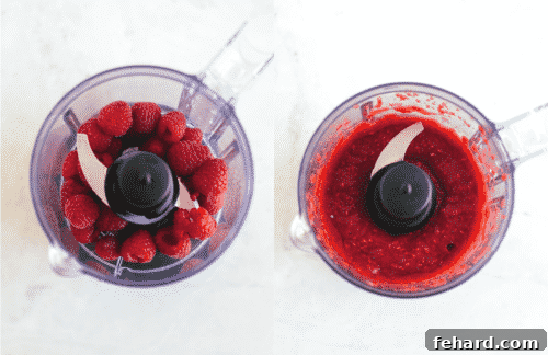 Set of two photos showing raspberries in a food processor being pureed to a smooth consistency.
