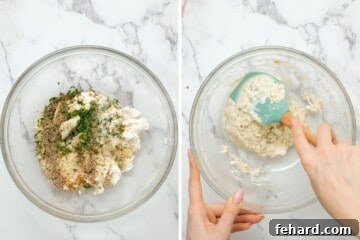 Classic Italian Stuffed Shells 8 Side by side photo showing ingredients for ricotta filling in bowl and then photo of ingredients being mixed together for a smooth consistency.