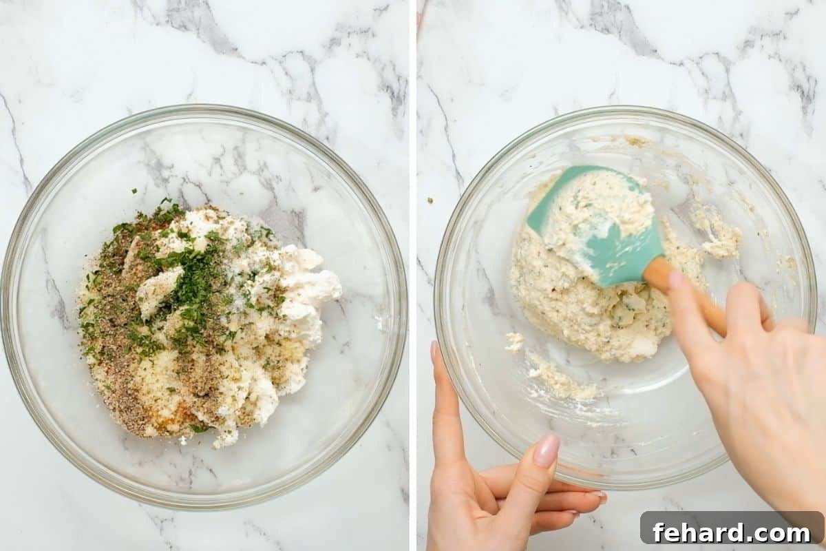 Ricotta Stuffed Shells Recipe Side by side photo showing ingredients for ricotta filling in bowl and then photo of ingredients being mixed together for a smooth, creamy texture.
