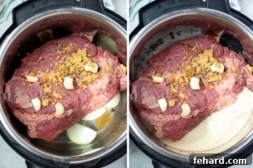Side by side photos showing corned beef layered in inner pot on top of onions topped with pickling spices and garlic and then pouring in beer.