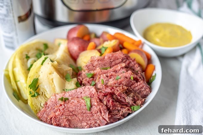 Platter with sliced corned beef, cabbage wedges, potatoes, and carrots, ready to be served.