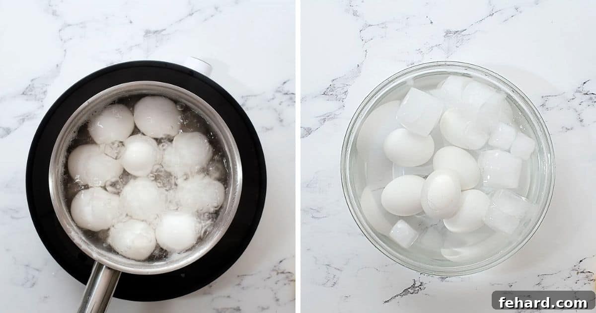 Hard-Boiling Eggs for Spinach Salad A side-by-side comparison showing eggs in a saucepan coming to a boil and then cooling in an ice bath, demonstrating the hard-boiling process.