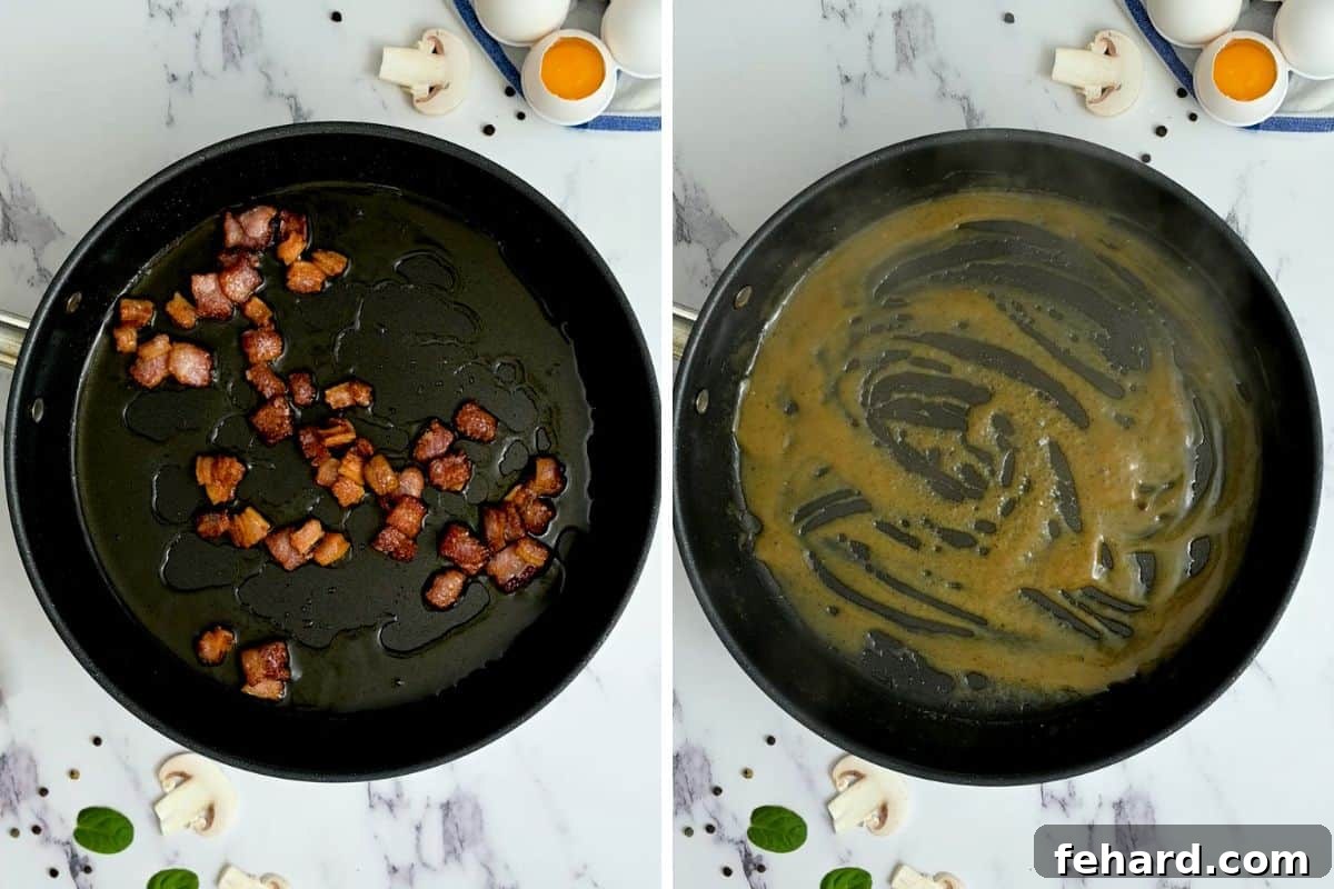 Making Warm Bacon Dressing A side-by-side image showing bacon browning in a sauté pan and then the warm bacon dressing being prepared in the same pan.